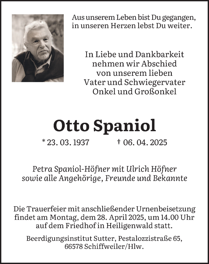 Traueranzeige für Otto Spaniol vom 19.04.2025 aus saarbruecker_zeitung