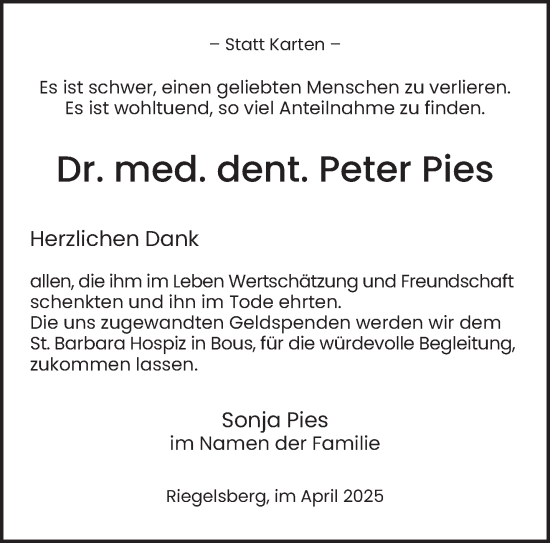 Traueranzeige von Peter Pies von saarbruecker_zeitung