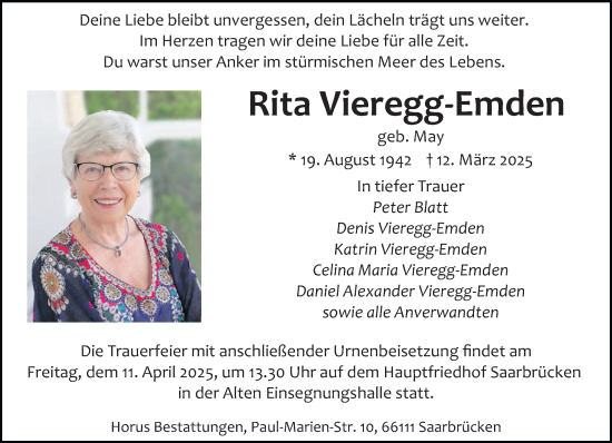 Traueranzeige von Rita Vieregg-Emden von saarbruecker_zeitung