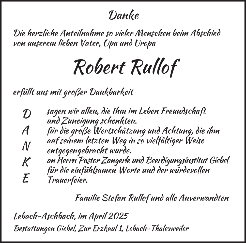 Traueranzeige für Robert Rullof vom 12.04.2025 aus saarbruecker_zeitung
