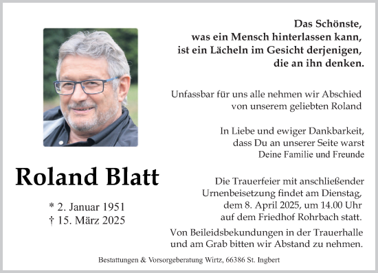 Traueranzeige von Roland Blatt von saarbruecker_zeitung