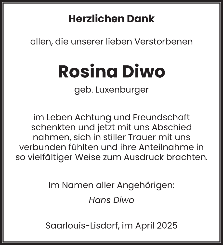  Traueranzeige für Rosina Diwo vom 26.04.2025 aus saarbruecker_zeitung