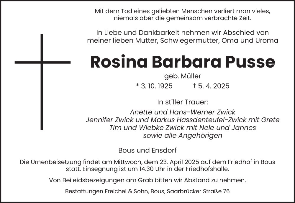 Traueranzeige für Rosina  Pusse vom 19.04.2025 aus saarbruecker_zeitung