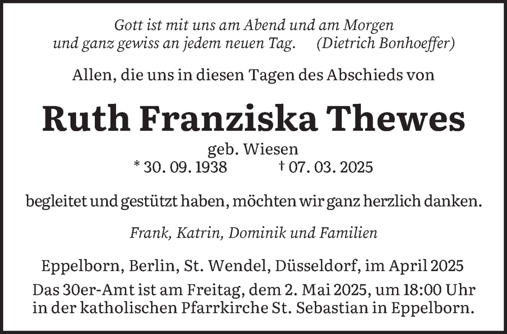  Traueranzeige für Ruth Franziska Thewes vom 26.04.2025 aus saarbruecker_zeitung