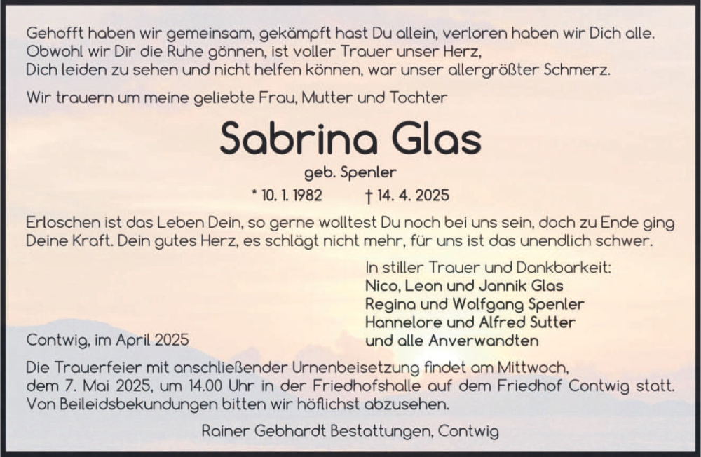  Traueranzeige für Sabrina Glas vom 26.04.2025 aus saarbruecker_zeitung