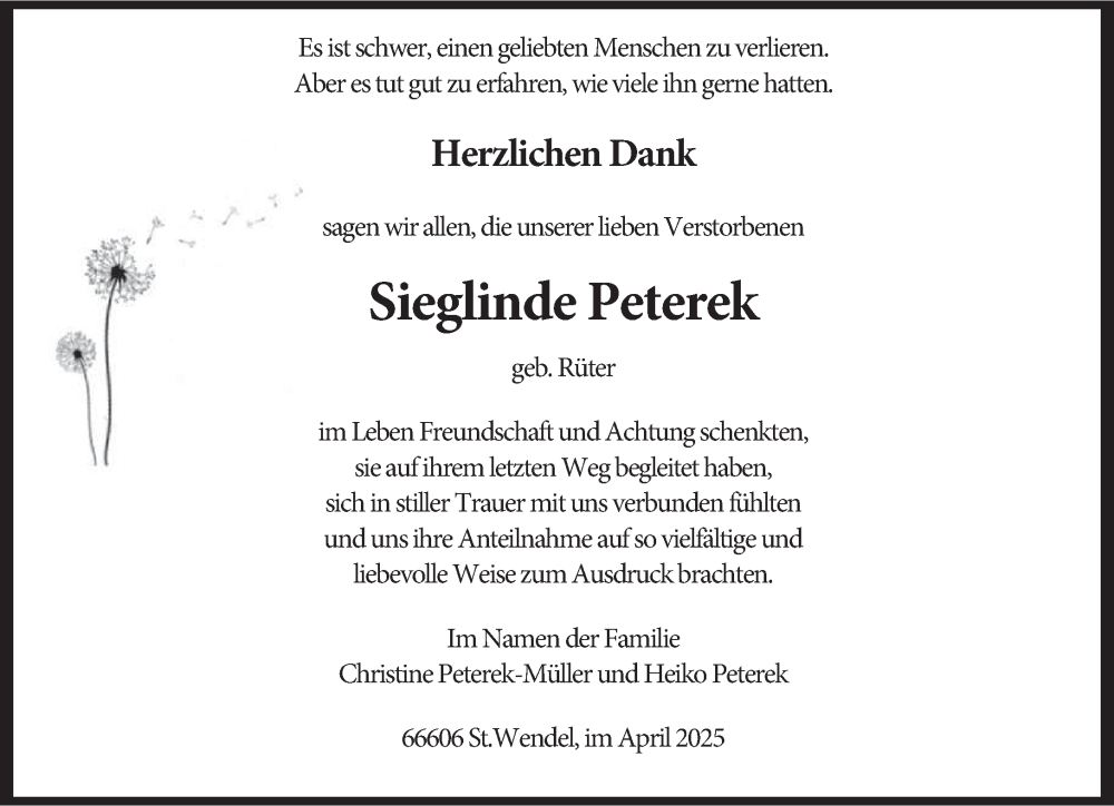  Traueranzeige für Sieglinde Peterek vom 19.04.2025 aus saarbruecker_zeitung