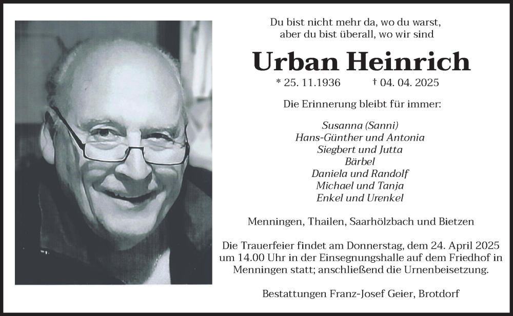  Traueranzeige für Urban Heinrich vom 19.04.2025 aus saarbruecker_zeitung