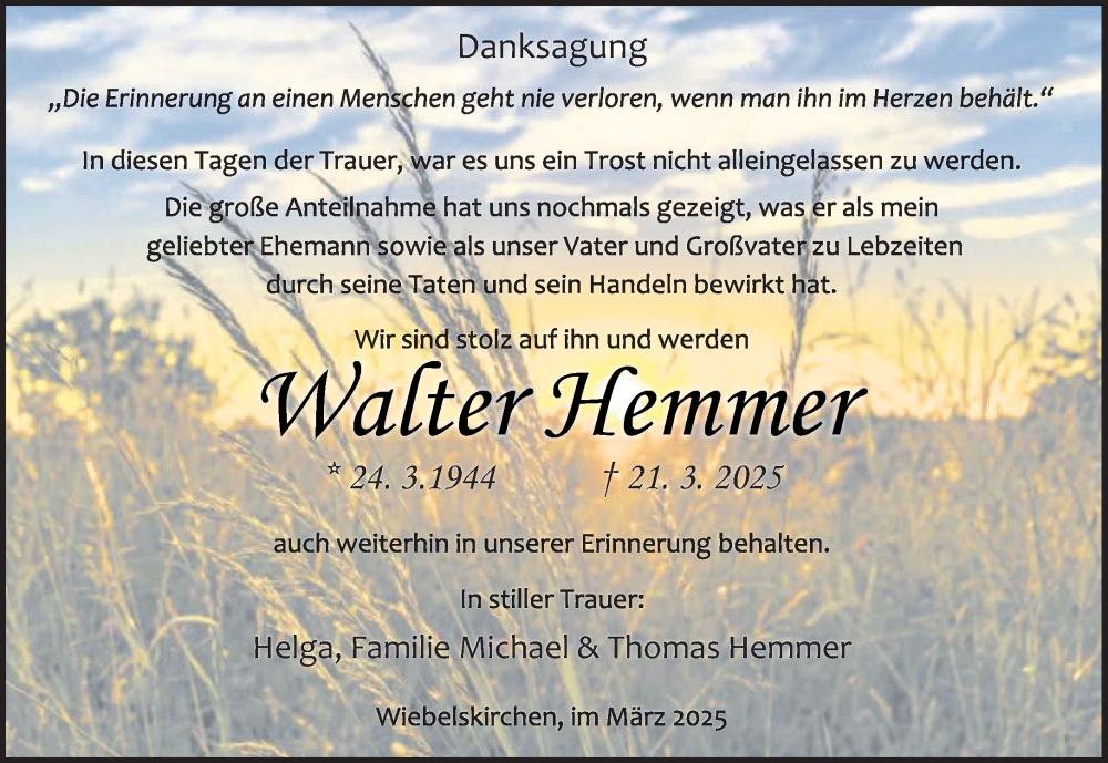  Traueranzeige für Walter Hemmer vom 19.04.2025 aus saarbruecker_zeitung