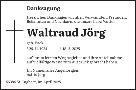 Traueranzeige von Waltraud Jörg von saarbruecker_zeitung