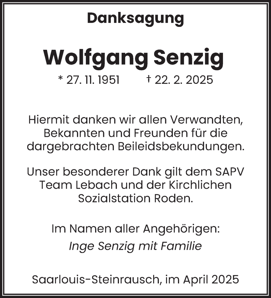  Traueranzeige für Wolfgang Senzig vom 05.04.2025 aus saarbruecker_zeitung