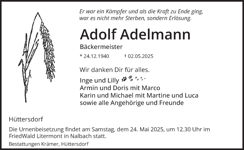  Traueranzeige für Adolf Adelmann vom 17.05.2025 aus saarbruecker_zeitung