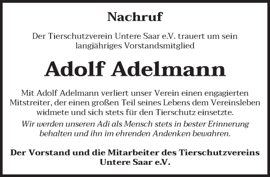 Traueranzeige von Adolf Adelmann von saarbruecker_zeitung