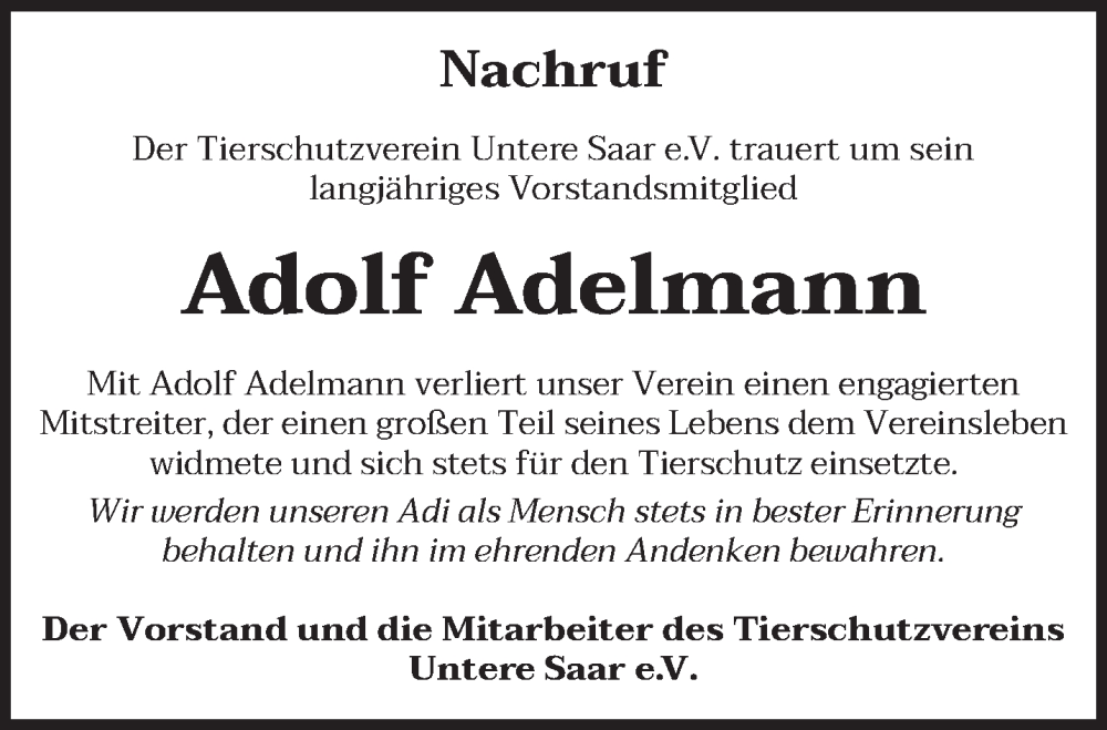  Traueranzeige für Adolf Adelmann vom 17.05.2025 aus saarbruecker_zeitung