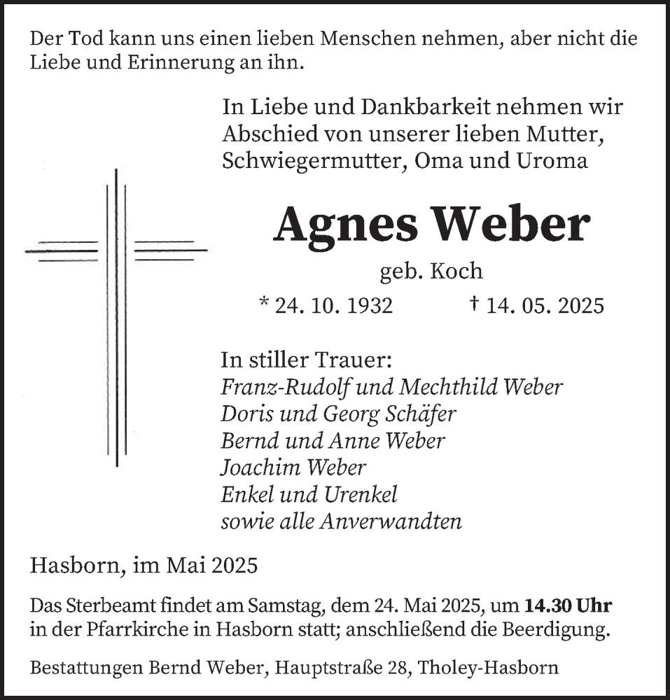  Traueranzeige für Agnes Weber vom 21.05.2025 aus saarbruecker_zeitung