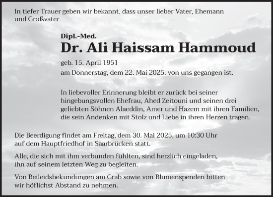 Traueranzeige von Ali Haissam Hammoud von saarbruecker_zeitung