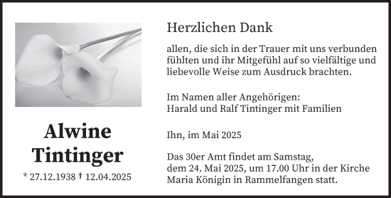 Traueranzeige von Alwine Tintinger von saarbruecker_zeitung