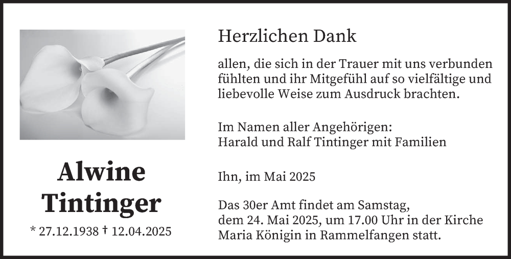  Traueranzeige für Alwine Tintinger vom 17.05.2025 aus saarbruecker_zeitung