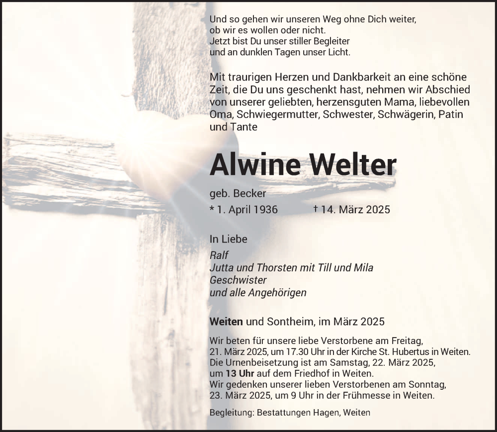  Traueranzeige für Alwine Welter vom 20.03.2025 aus saarbruecker_zeitung
