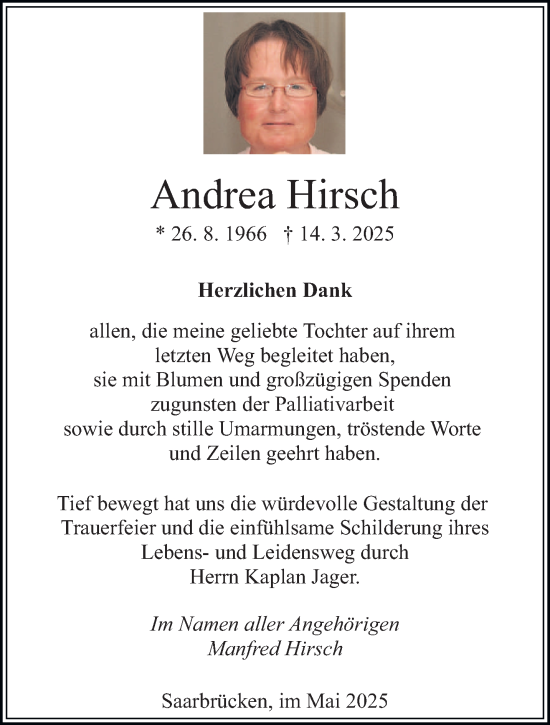 Traueranzeige von Andrea Hirsch von saarbruecker_zeitung