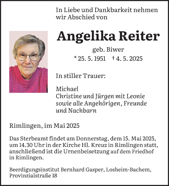Traueranzeige von Angelika Reiter von saarbruecker_zeitung
