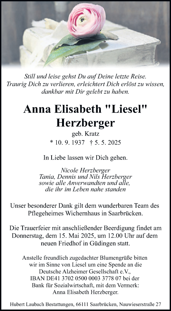  Traueranzeige für Anna Elisabeth Herzberger vom 10.05.2025 aus saarbruecker_zeitung