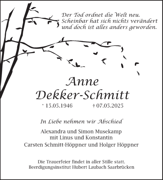 Traueranzeige von Anne Dekker-Schmitt von saarbruecker_zeitung