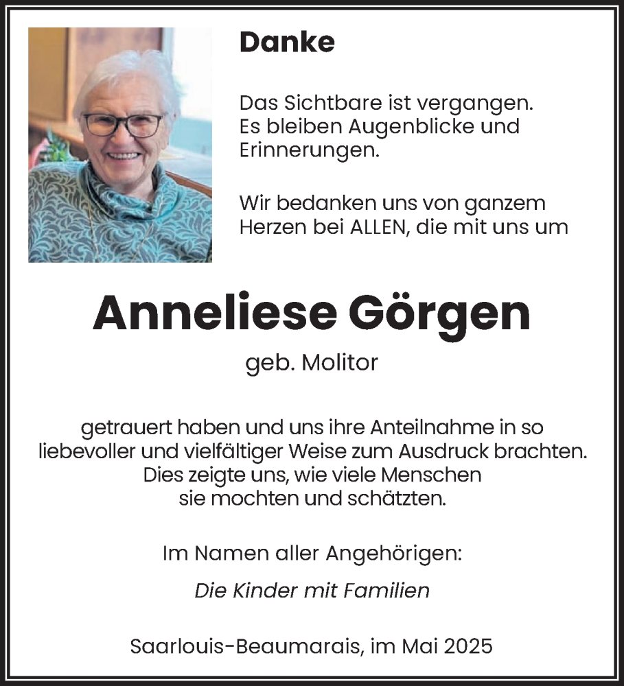  Traueranzeige für Anneliese Görgen vom 24.05.2025 aus saarbruecker_zeitung