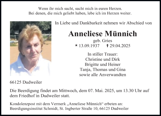 Traueranzeige von Anneliese Münnich von saarbruecker_zeitung