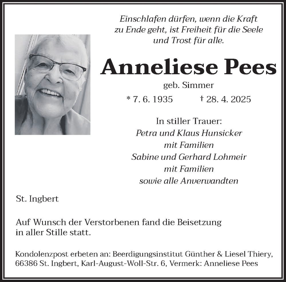  Traueranzeige für Anneliese Pees vom 17.05.2025 aus saarbruecker_zeitung