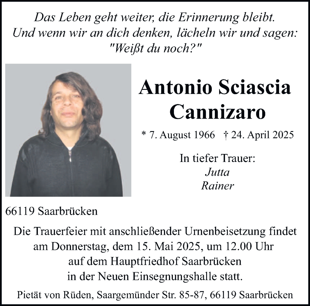  Traueranzeige für Antonio Sciascia Cannizaro vom 03.05.2025 aus saarbruecker_zeitung