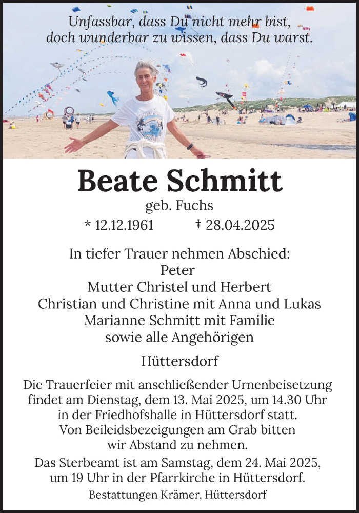  Traueranzeige für Beate Schmitt vom 10.05.2025 aus saarbruecker_zeitung