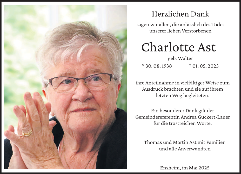  Traueranzeige für Charlotte Ast vom 24.05.2025 aus saarbruecker_zeitung