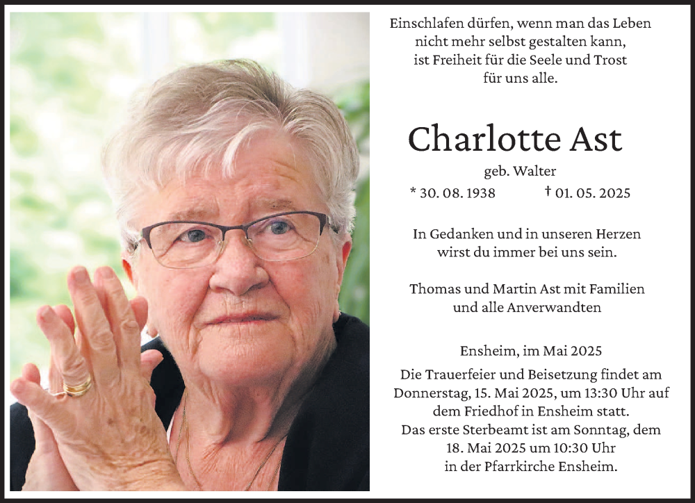  Traueranzeige für Charlotte Ast vom 10.05.2025 aus saarbruecker_zeitung