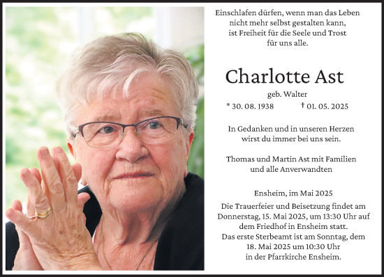 Traueranzeige von Charlotte Ast von saarbruecker_zeitung