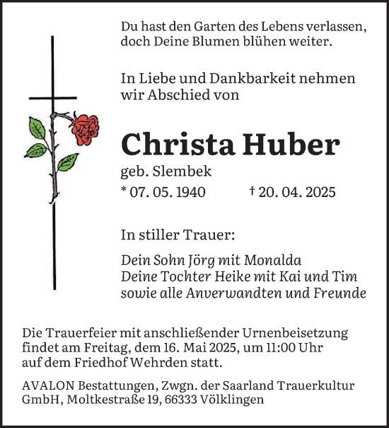 Traueranzeige von Christa Huber von saarbruecker_zeitung