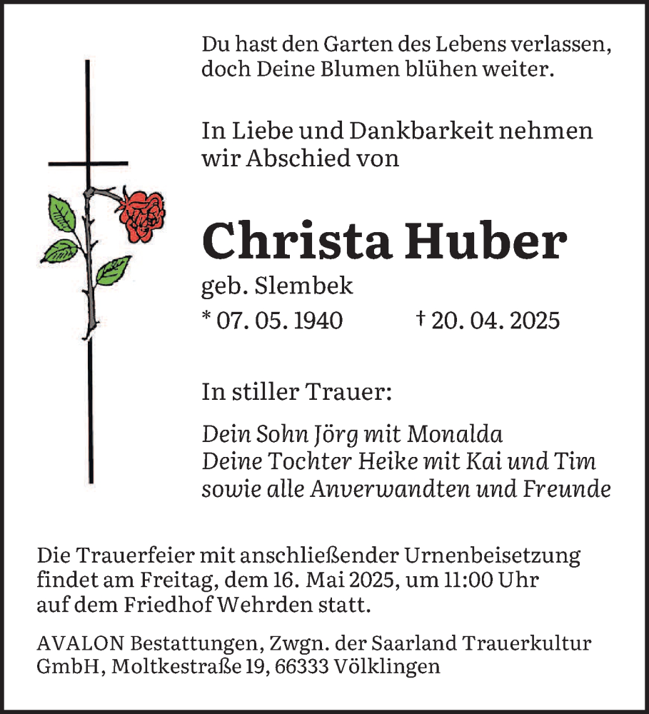  Traueranzeige für Christa Huber vom 10.05.2025 aus saarbruecker_zeitung