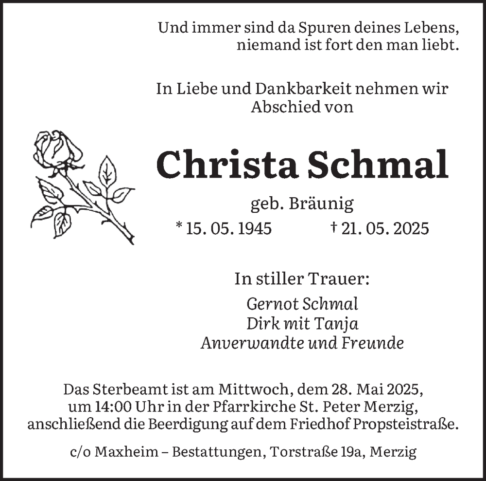  Traueranzeige für Christa Schmal vom 26.05.2025 aus saarbruecker_zeitung