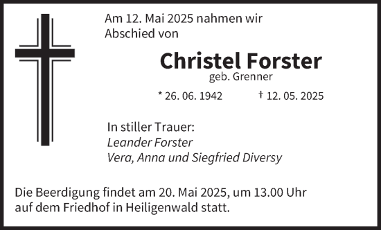 Traueranzeige von Christel Forster von saarbruecker_zeitung