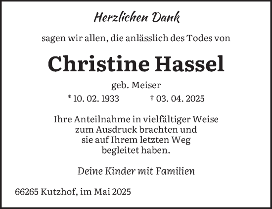 Traueranzeige von Christine Hassel von saarbruecker_zeitung