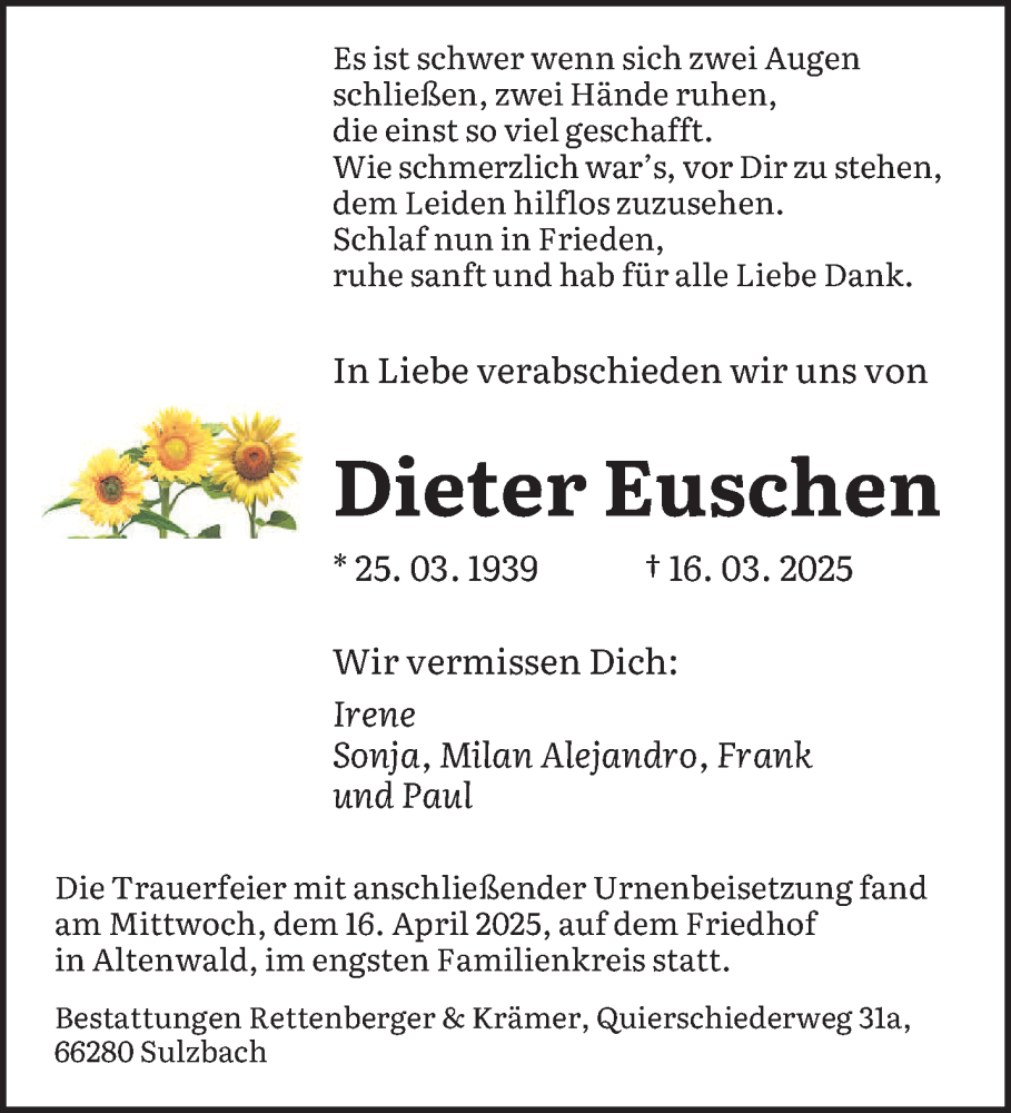  Traueranzeige für Dieter Euschen vom 03.05.2025 aus saarbruecker_zeitung