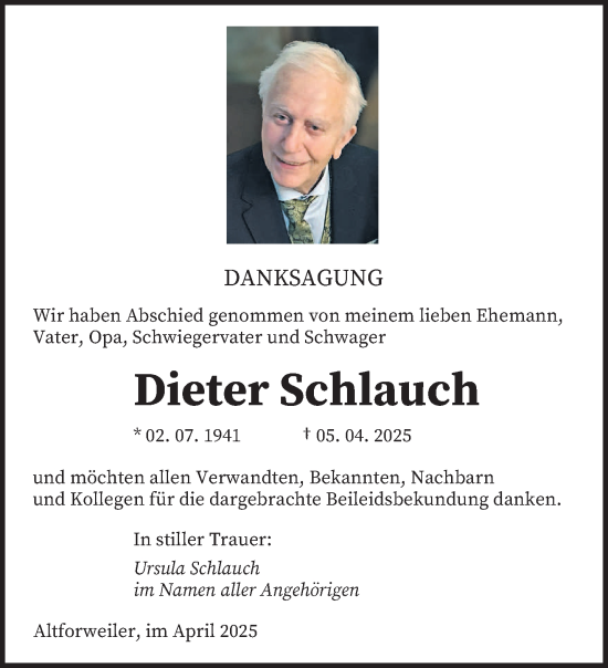 Traueranzeige von Dieter Schlauch von saarbruecker_zeitung