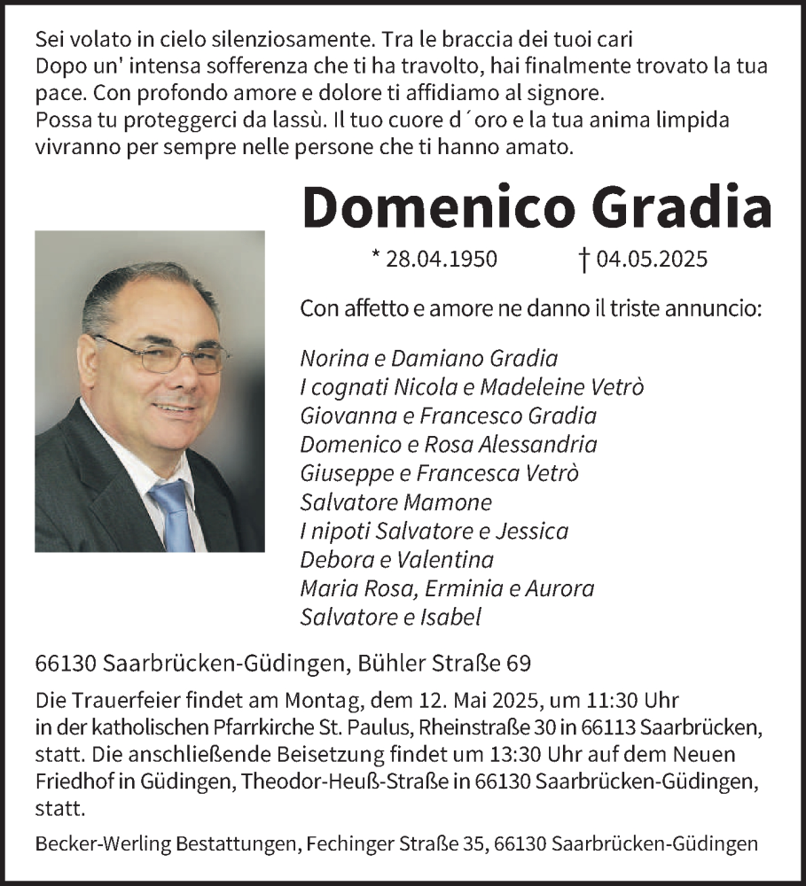  Traueranzeige für Domenico Gradia vom 10.05.2025 aus saarbruecker_zeitung