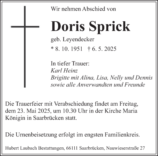 Traueranzeige von Doris Sprick von saarbruecker_zeitung