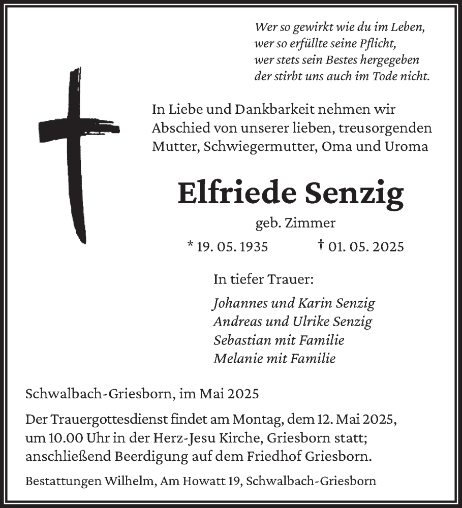 Traueranzeige für Elfriede Senzig vom 10.05.2025 aus saarbruecker_zeitung
