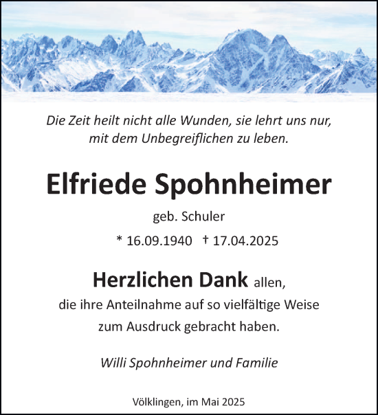 Traueranzeige von Elfriede Spohnheimer von saarbruecker_zeitung