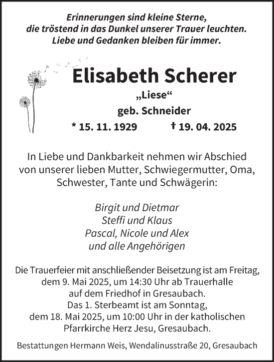 Traueranzeige von Elisabeth Scherer von saarbruecker_zeitung
