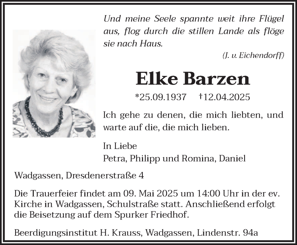  Traueranzeige für Elke Barzen vom 03.05.2025 aus saarbruecker_zeitung
