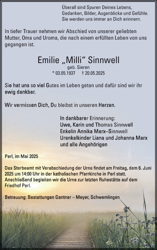 Traueranzeige von Emilie Sinnwell von saarbruecker_zeitung