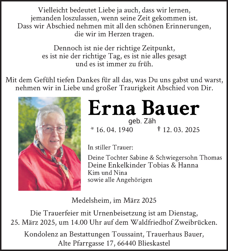  Traueranzeige für Erna Bauer vom 19.03.2025 aus saarbruecker_zeitung