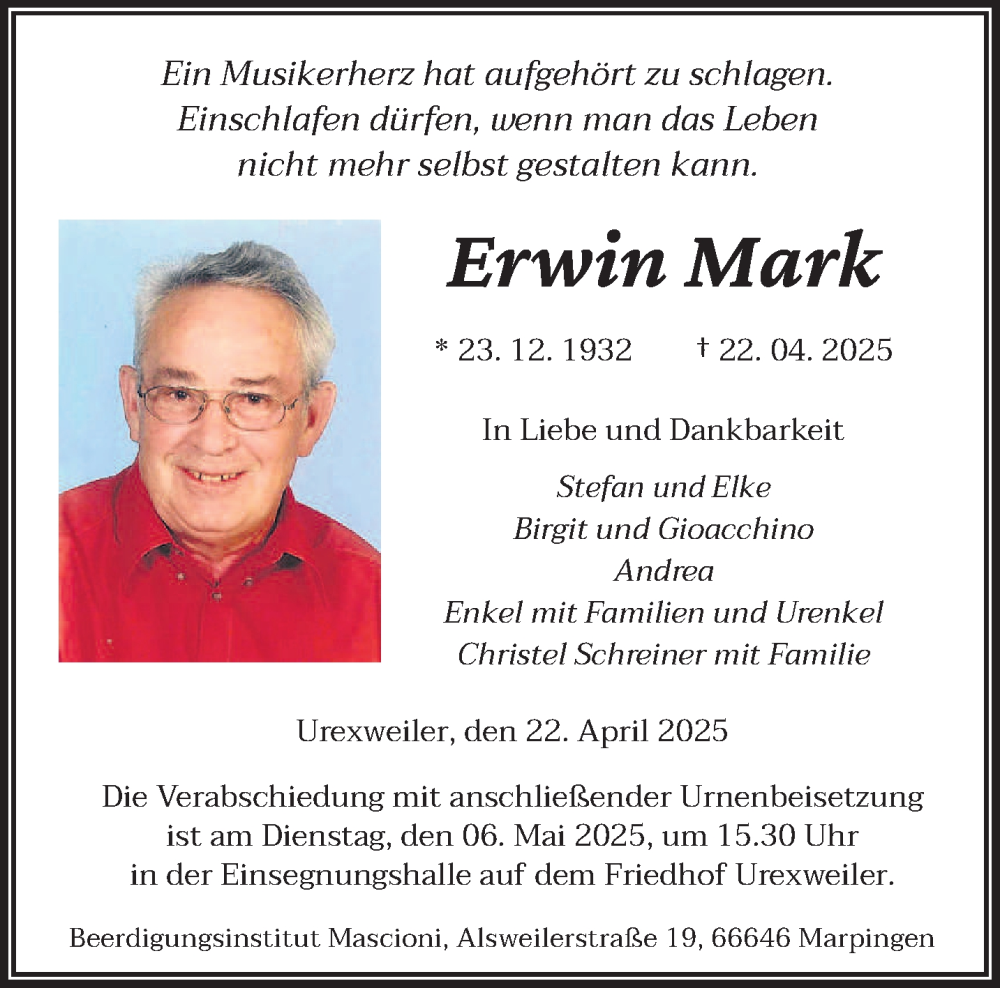  Traueranzeige für Erwin Mark vom 03.05.2025 aus saarbruecker_zeitung